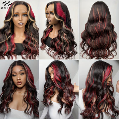 UNice Hair Burgundy With Blonde Highlights 13x4 Lace Front Wig Human Hair Loose Wave Wig Black With Red & Blonde Wavy Wigs 150%