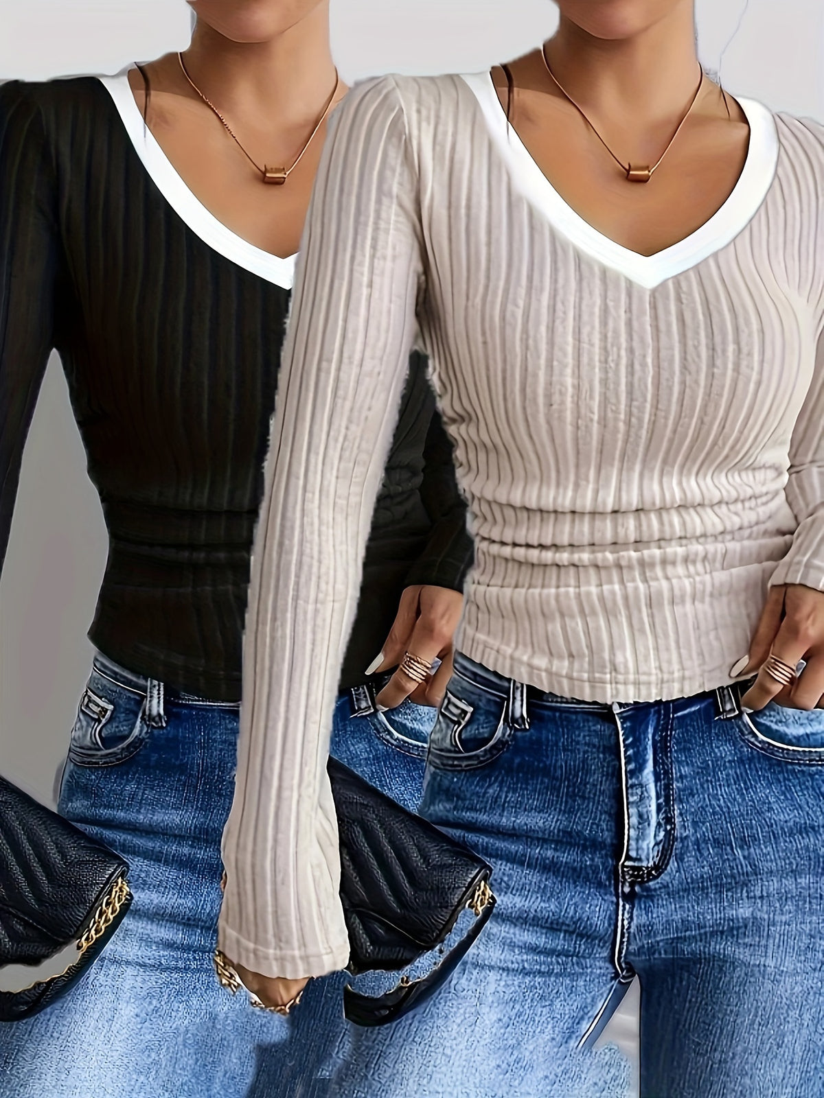 2 Pcs Ribbed V Neck Slim Crop Top - Casual Contrast Trim Long Sleeve T-Shirt for Women, Perfect for Spring and Fall, Comfortable and Stylish Clothing