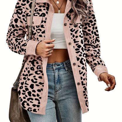 vlovelaw  Leopard Print Shacket Jacket, Casual Button Front Turn Down Collar Long Sleeve Outerwear, Women's Clothing