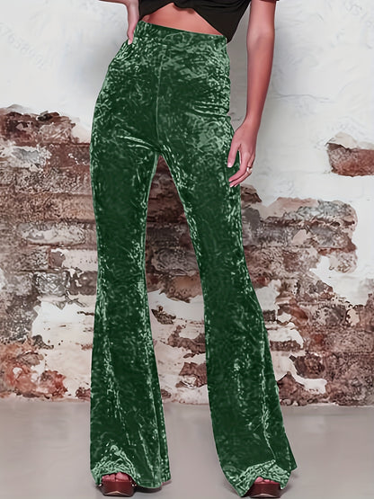 vlovelaw  High Waist Solid Velvet Pants, Boho Every Day Flare Leg Pants For All Season, Women's Clothing