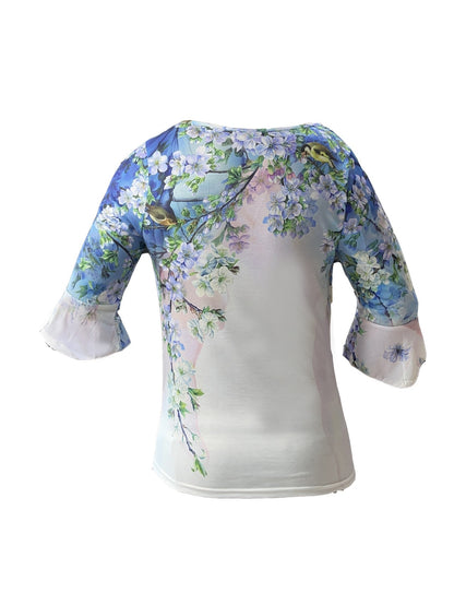 vlovelaw Floral Print Pleated Button Front T-Shirt, Casual Ruffle Sleeve T-Shirt For Spring & Summer, Women's Clothing