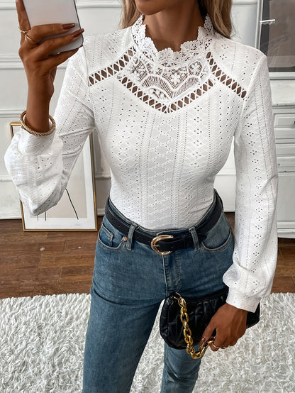 vlovelaw  Eyelet Contrast Lace T-shirt, Elegant Keyhole Long Sleeve Solid T-shirt, Women's Clothing