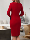 vlovelaw Button Decor Color Block Dress, Elegant Long Sleeve Bodycon Dress, Women's Clothing