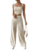 vlovelaw  Solid Color Two-piece Set, Casual Sleeveless Hanky Hem Tank Top & High Waist Wide Leg Pants Outfits, Women's Clothing