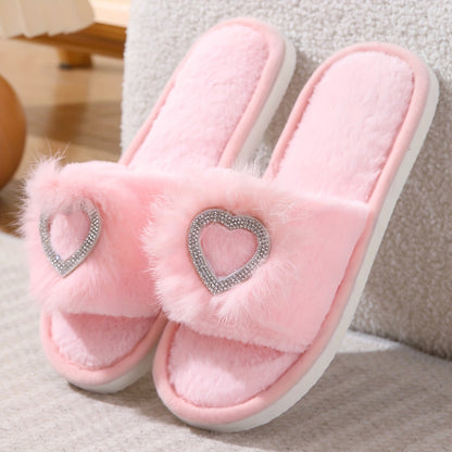 Rhinestone Heart Fluffy Home Slippers, Soft Sole Lightweight Plush Lined Bedroom Slippers, Non-slip Cozy Floor Slippers, Winter & Autumn