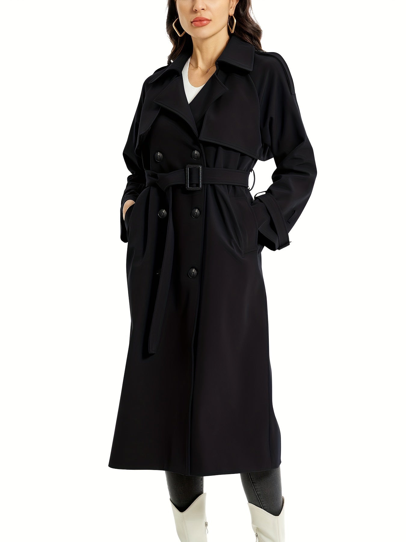 vlovelaw  Double Breasted With Pocket Trench Coat, Casual Long Sleeve Belted Trench Coat, Women's Clothing