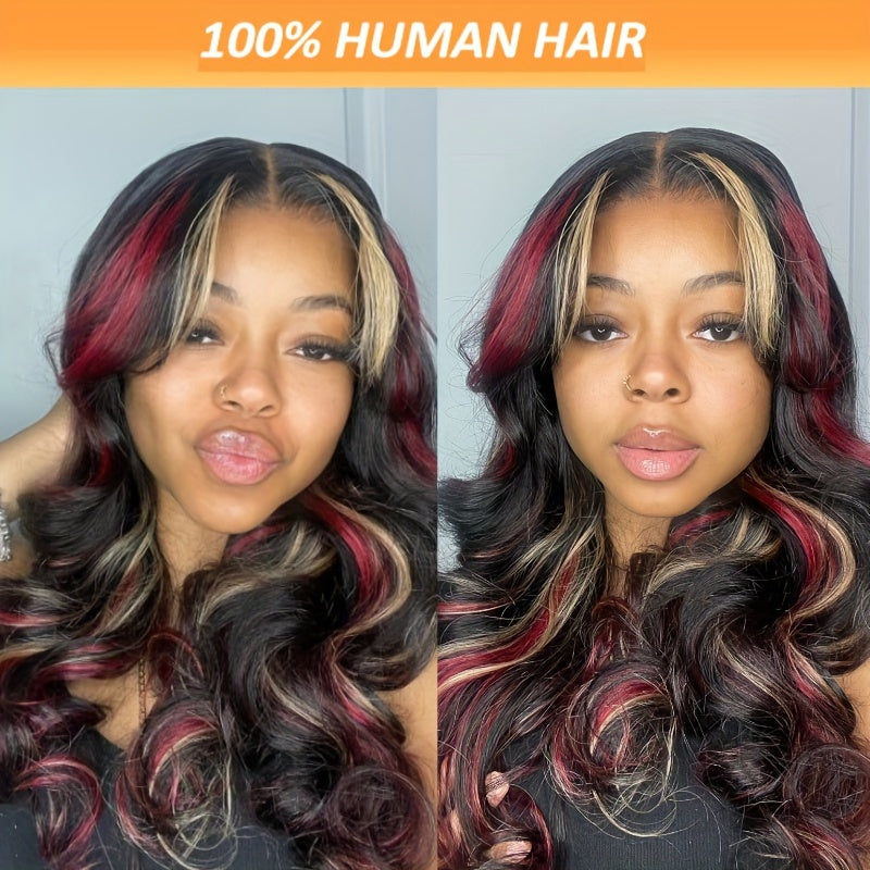 UNice Hair Burgundy With Blonde Highlights 13x4 Lace Front Wig Human Hair Loose Wave Wig Black With Red & Blonde Wavy Wigs 150%