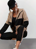 Color Block Casual Two-piece Set, Zip Up Long Sleeve Hooded Tops & Jogger Pants Outfits, Women's Clothing