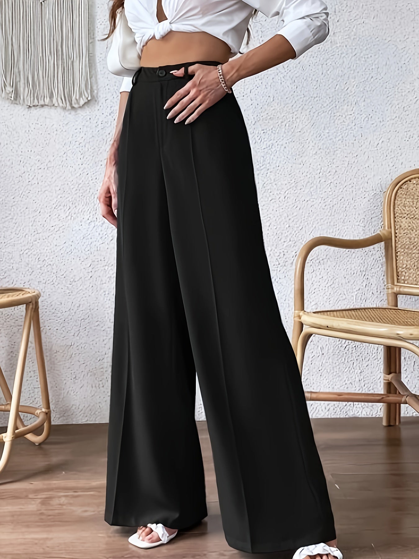 Plus Size Solid Wide Leg Pants, Elegant Loose Pants For Spring & Summer, Women's Plus Size Clothing