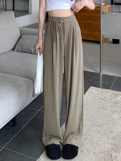 vlovelaw  Solid Draped Straight Leg Pants, Casual Tied High Waist Loose Pants, Women's Clothing