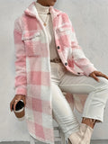 Plaid Pattern Teddy Coat, Casual Button Front Long Sleeve Outerwear, Women's Clothing