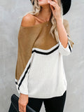 vlovelaw  Striped Color Block Sweater, Casual Boat Neck Half Sleeve Loose Knit Sweater For Spring & Fall, Women's Clothing