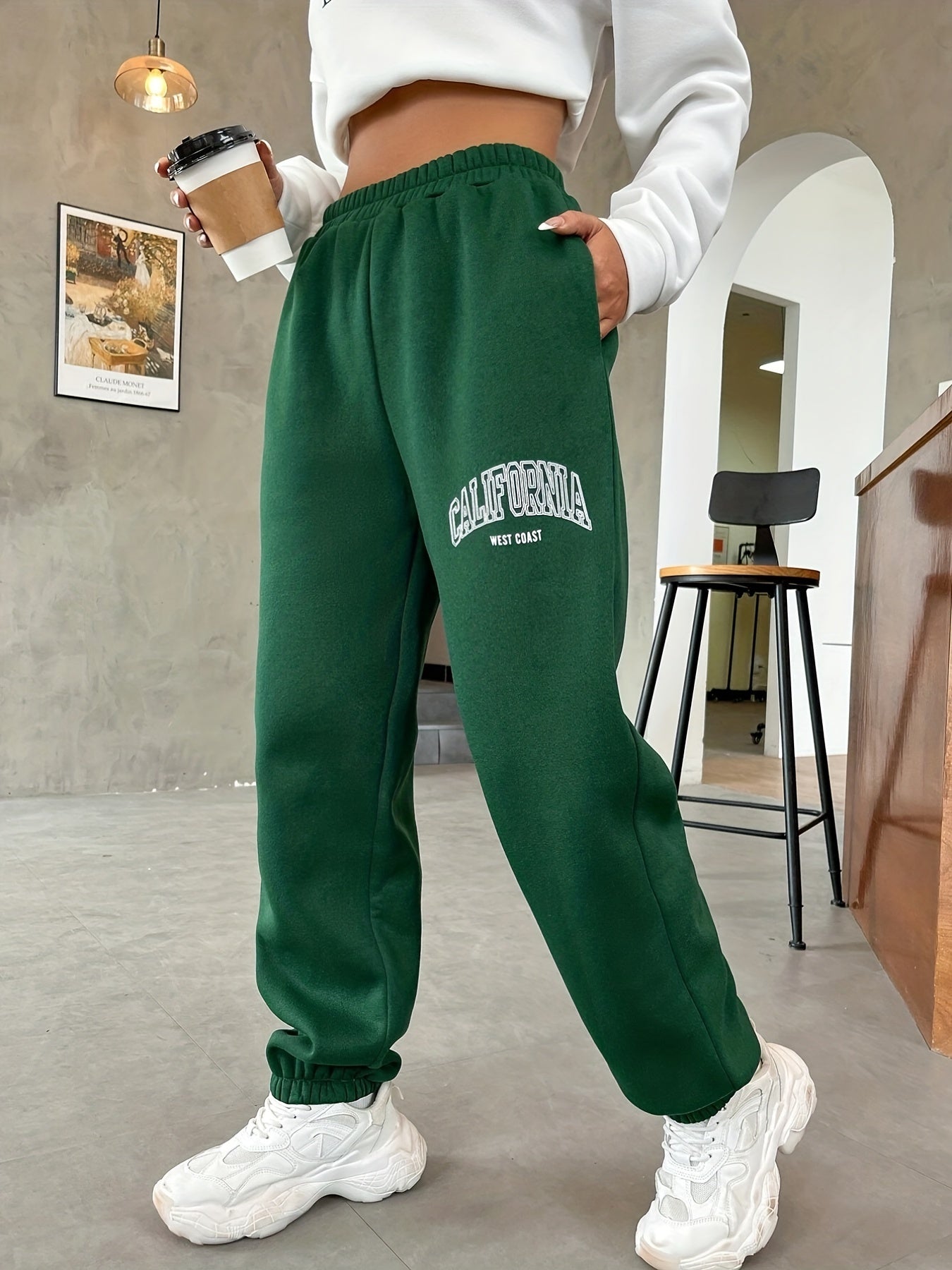 Letter Print Elastic Waist Jogger Sweatpants, Casual Slant Pocket Pants, Women's Clothing