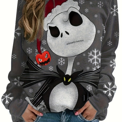 Plus Size Christmas Casual T-shirt, Women's Plus Cartoon Print Long Sleeve Round Neck Slight Stretch T-shirt