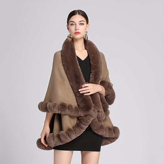 Mature Faux Fur Collar Shawl Solid Color Thickened Imitation Fox Fur Warm Large Cape Cardigan Women's Autumn Winter Outside Warm Coat Shawl