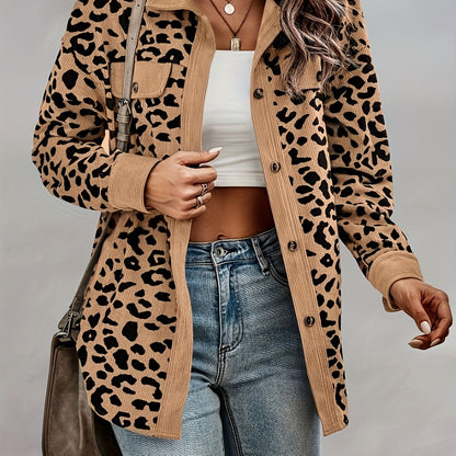 vlovelaw  Leopard Print Shacket Jacket, Casual Button Front Turn Down Collar Long Sleeve Outerwear, Women's Clothing