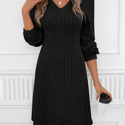 vlovelaw  Ribbed V Neck Dress, Elegant Long Sleeve Dress, Women's Clothing