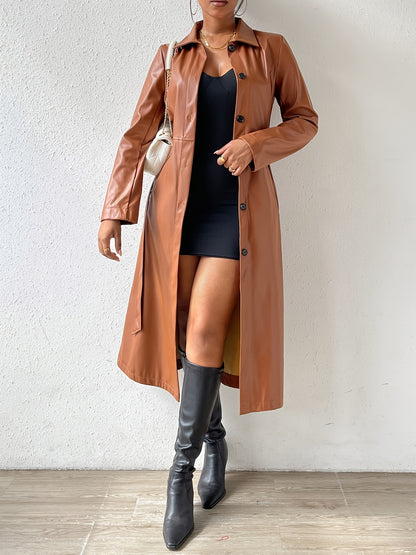 Solid Single Breasted Belted Jacket, Elegant Faux Leather Long Sleeve Overcoat, Women's Clothing