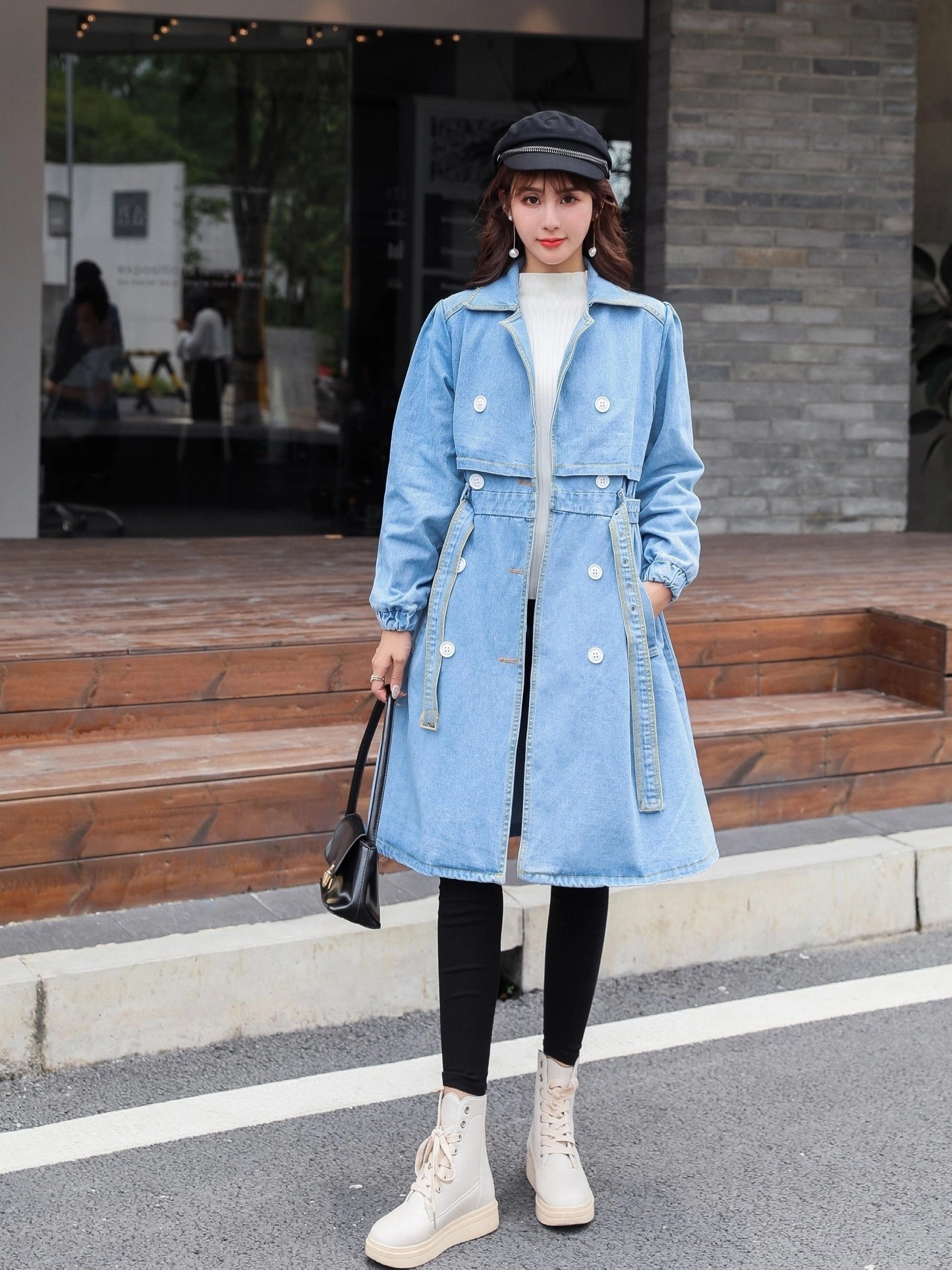 vlovelaw  Blue Loose Fit Long Denim Jackets, Long Sleeves Non-Stretch With Waistband Lapel Denim Coats, Women's Denim Clothing