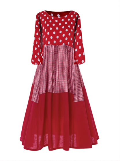 vlovelaw  Polka-dot Stitching Dress, Crew Neck Long Sleeve Dress, Casual Every Day Dress, Women's Clothing