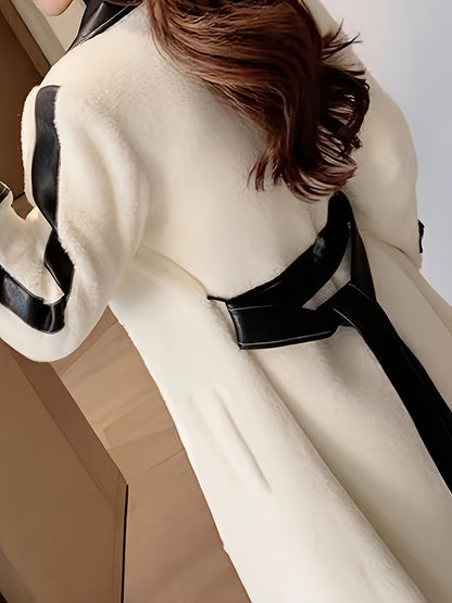 vlovelaw  Color Block Lapel Collar Belted Coat, Elegant Long Sleeve Plush Warm Outerwear, Women's Clothing