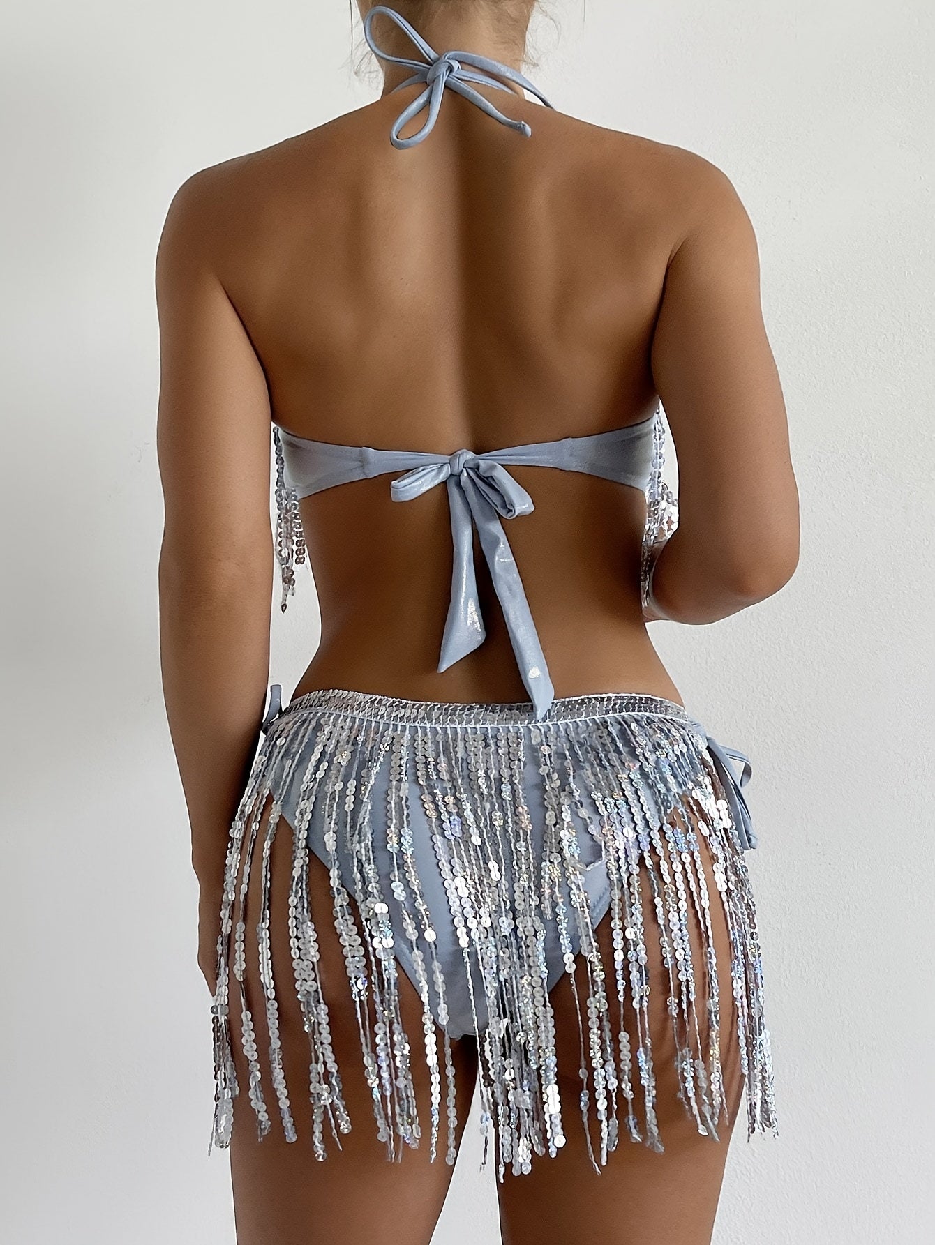 vlovelaw  Sequin Fringe Trim 2 Piece Set Bikini, Y2K Style Halter Neck Tie Back Backless High Cut Swimsuits, Women's Swimwear & Clothing