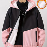 Girls Chevron Color Block Hooded Fleece Lined Windbreaker Jacket For Teen Kids Autumn And Winter