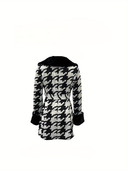 vlovelaw  Houndstooth Faux-Fur Trim Outwear, Elegant Double Breasted Long Sleeve Belted Coat For Winter, Women's Clothing