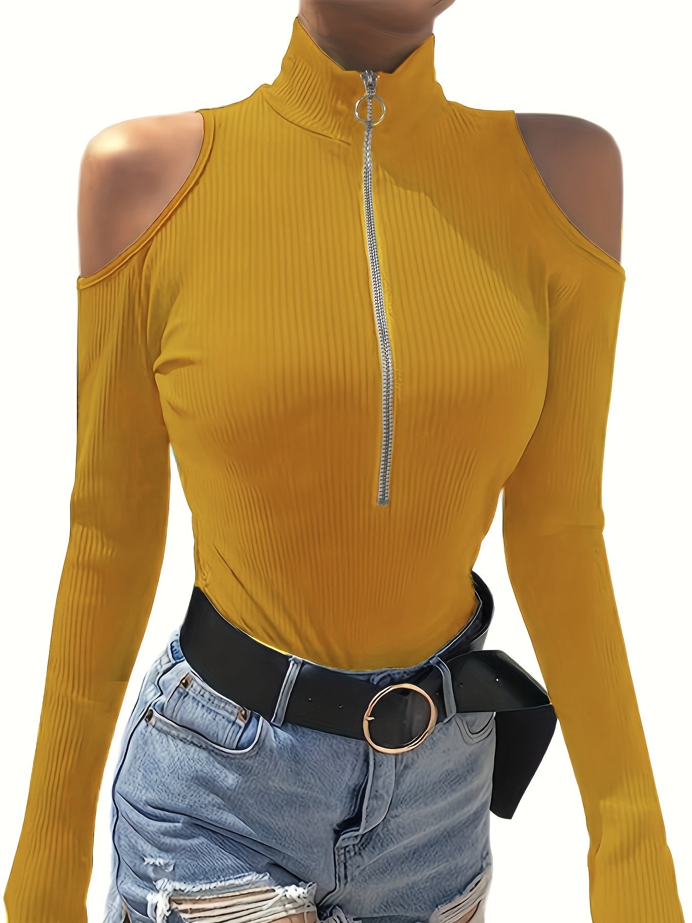 vlovelaw  Ribbed Zip Front Mock Neck T-Shirt, Casual Cold Shoulder Long Sleeve Top For Spring & Fall, Women's Clothing