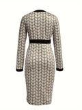 vlovelaw Contrast Trim Allover Print Dress, Elegant Button Front Long Sleeve Dress, Women's Clothing