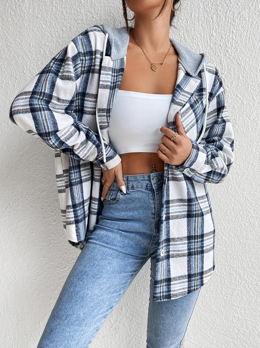 vlovelaw  Button Plaid Hoodie Drawstring Jacket, Casual Long Sleeve Jacket For Fall & Winter, Women's Clothing