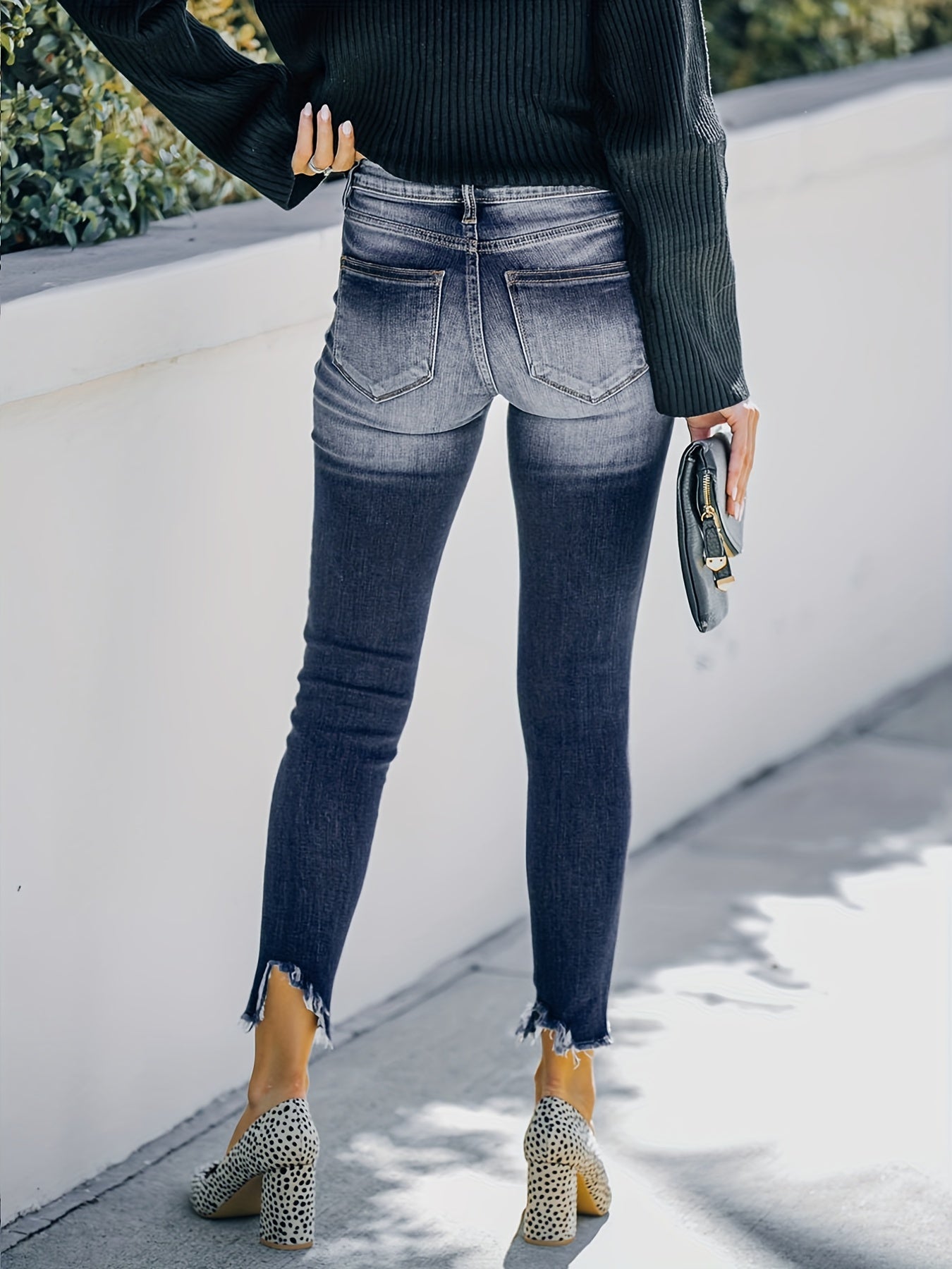 Ripped Light Wash Jeans, High-Rise Cropped & Ripped Raw Hem Skinny Jeans, Casual & Trendy Pants, Women's Clothing & Denim