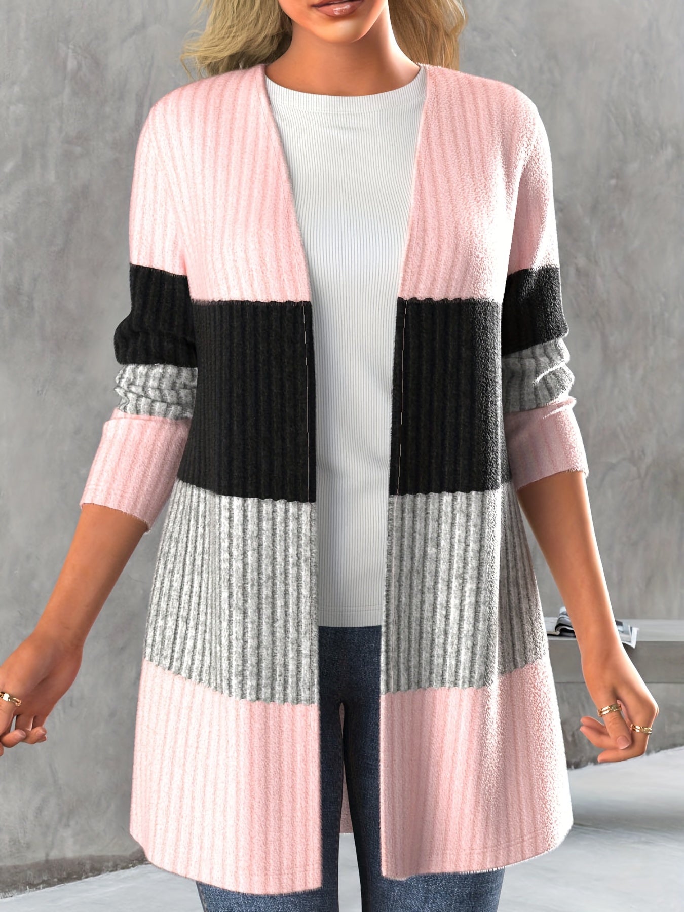 vlovelaw Ribbed Colorblock Open Front Cardigan, Casual Long Sleeve Cover Up Cardigan, Women's Clothing