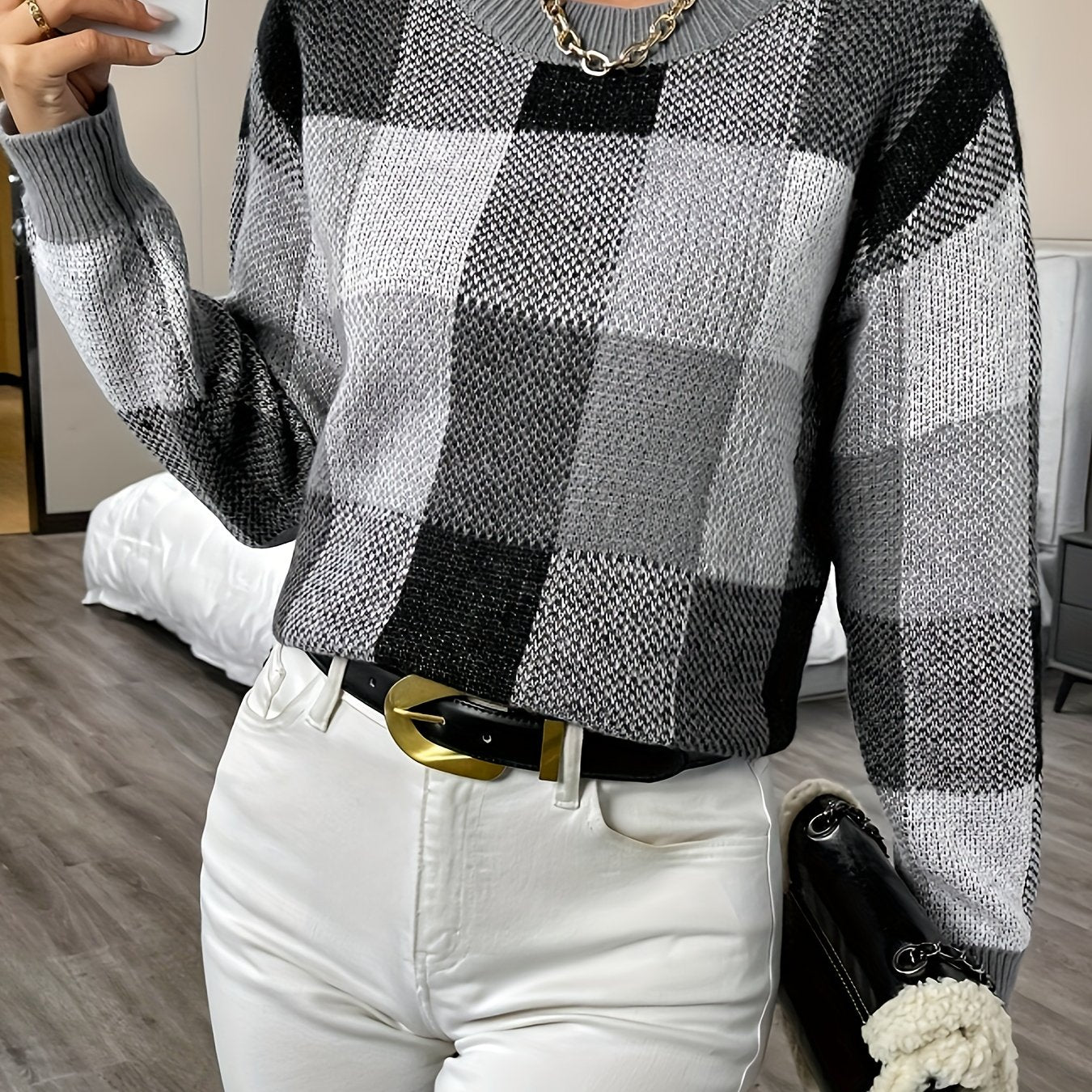 vlovelaw Plaid Crew Neck Pullover Sweater, Elegant Long Sleeve Fall Winter Sweater, Women's Clothing