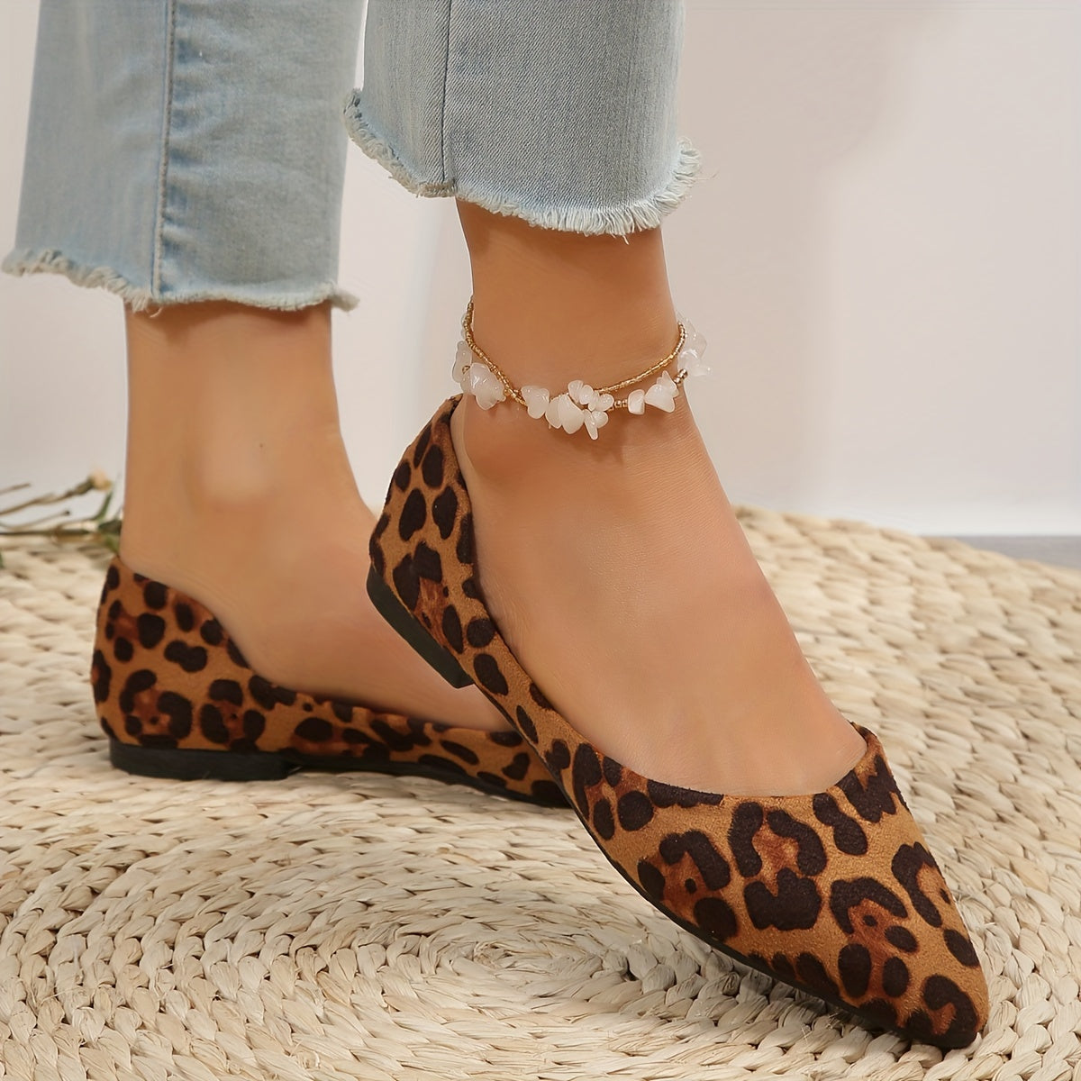 Stylish Leopard Print Ballet Flats - Ultra Lightweight, Comfortable, Slip-On Shoes with Pointed Toe, Ankle Strap, and Soft Flannel Upper for Casual All-Season Wear