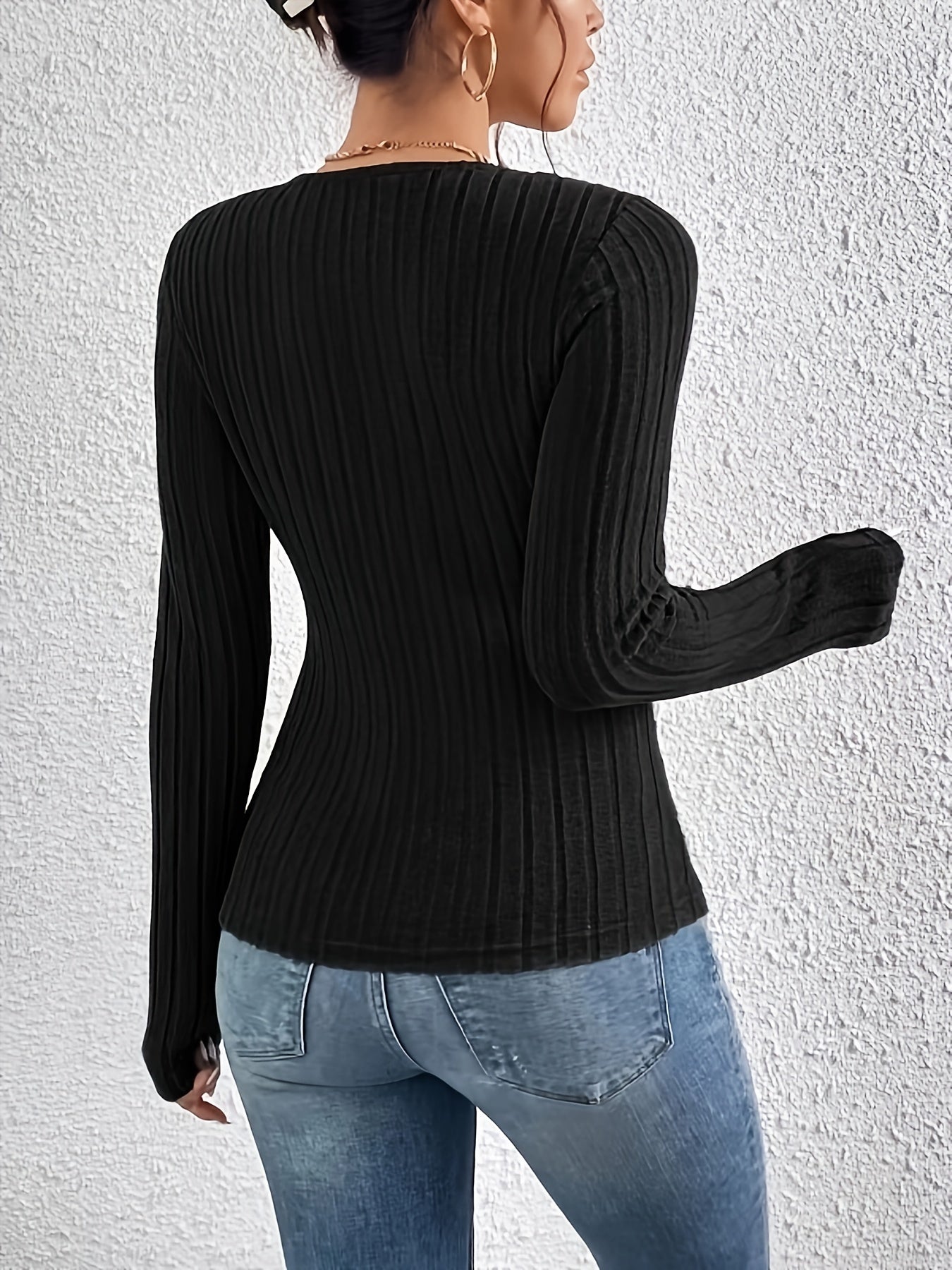 vlovelaw Ribbed Cross Front V Neck T-Shirt, Casual Long Sleeve Top For Spring & Fall, Women's Clothing