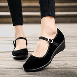 Stylish Womens Solid Color Wedge Heeled Shoes - All-Season, Buckle Closure, Comfortable Platform Shoes with All-Weather Grip and Plain Toe - Perfect for Casual Occasions