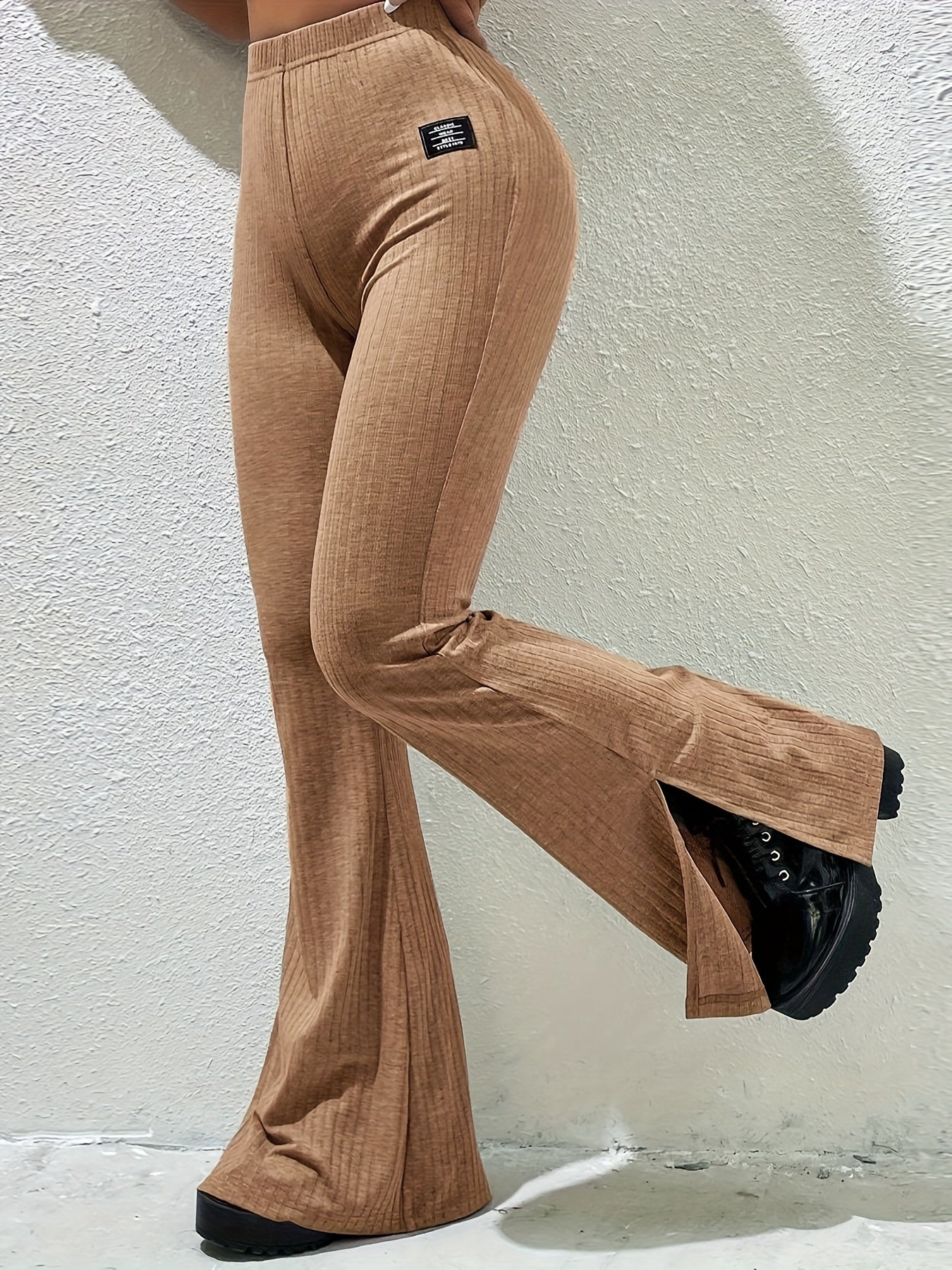 vlovelaw Split Hem Flare Leg Pants, Casual Elastic Waist Letter Patch Ribbed Pants For Spring & Summer, Women's Clothing