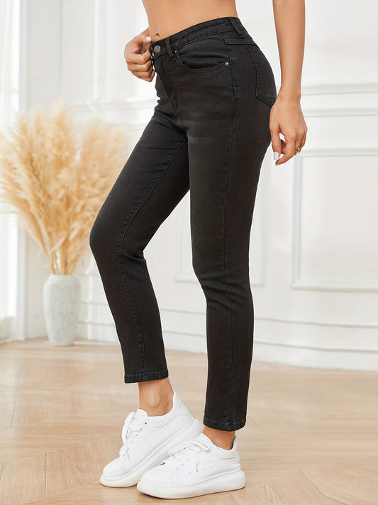 vlovelaw  Plain Black High Stretch Jeans, Slash Pockey Versatile Skinny Denim Pants, Women's Denim Jeans & Clothing