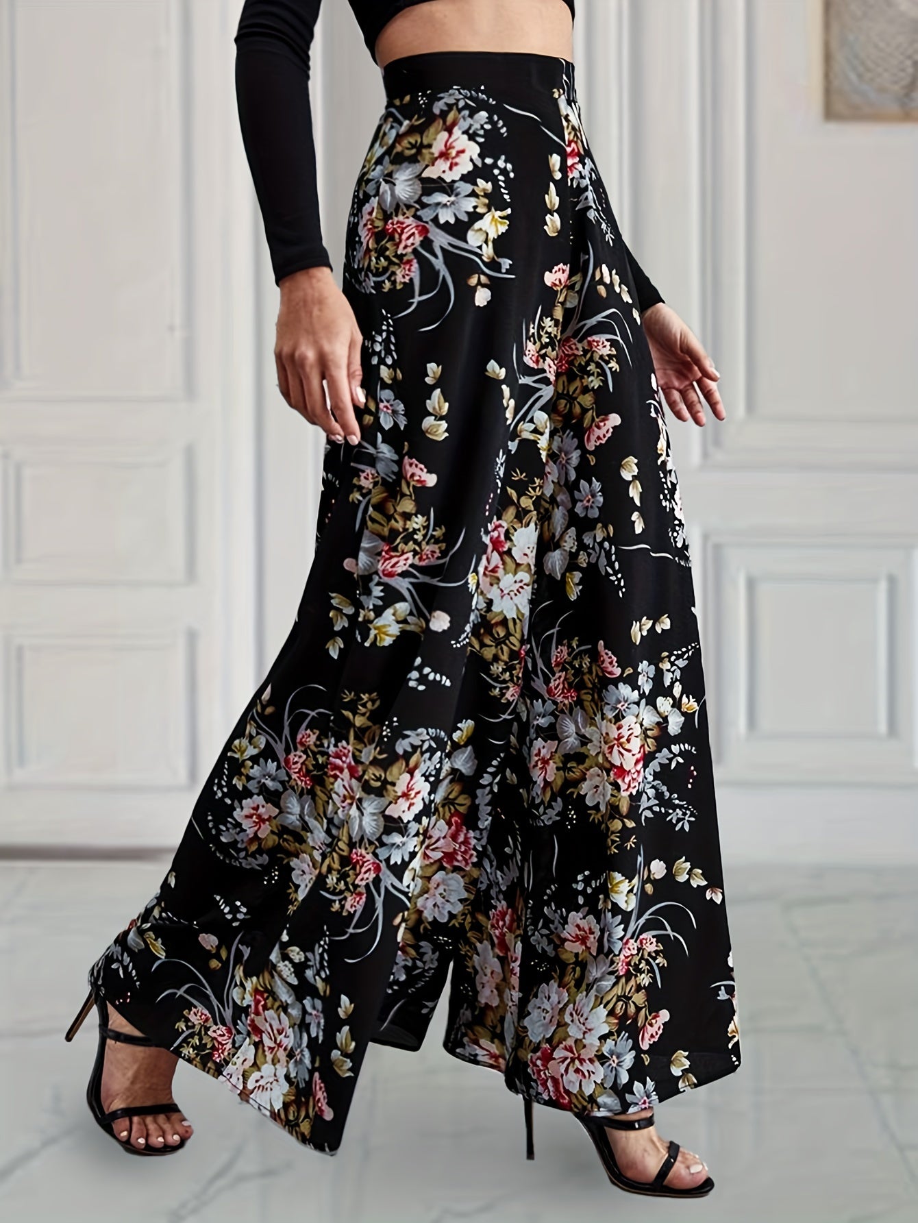 vlovelaw  Floral Print Wide Leg Pants, Elegant High Waist Flowy Pants, Women's Clothing