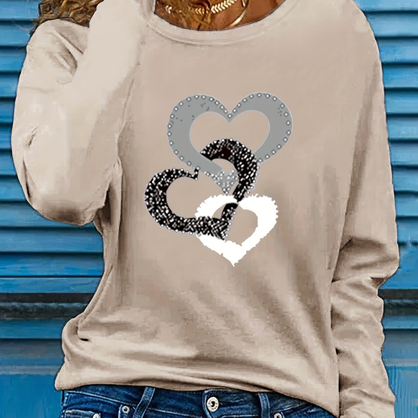 vlovelaw Heart Print Crew Neck T-shirt, Casual Long Sleeve Top For Spring & Fall, Women's Clothing