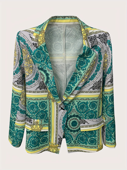 Ethnic Floral Print Blazer, Boho Lapel Long Sleeve Outerwear, Women's Clothing