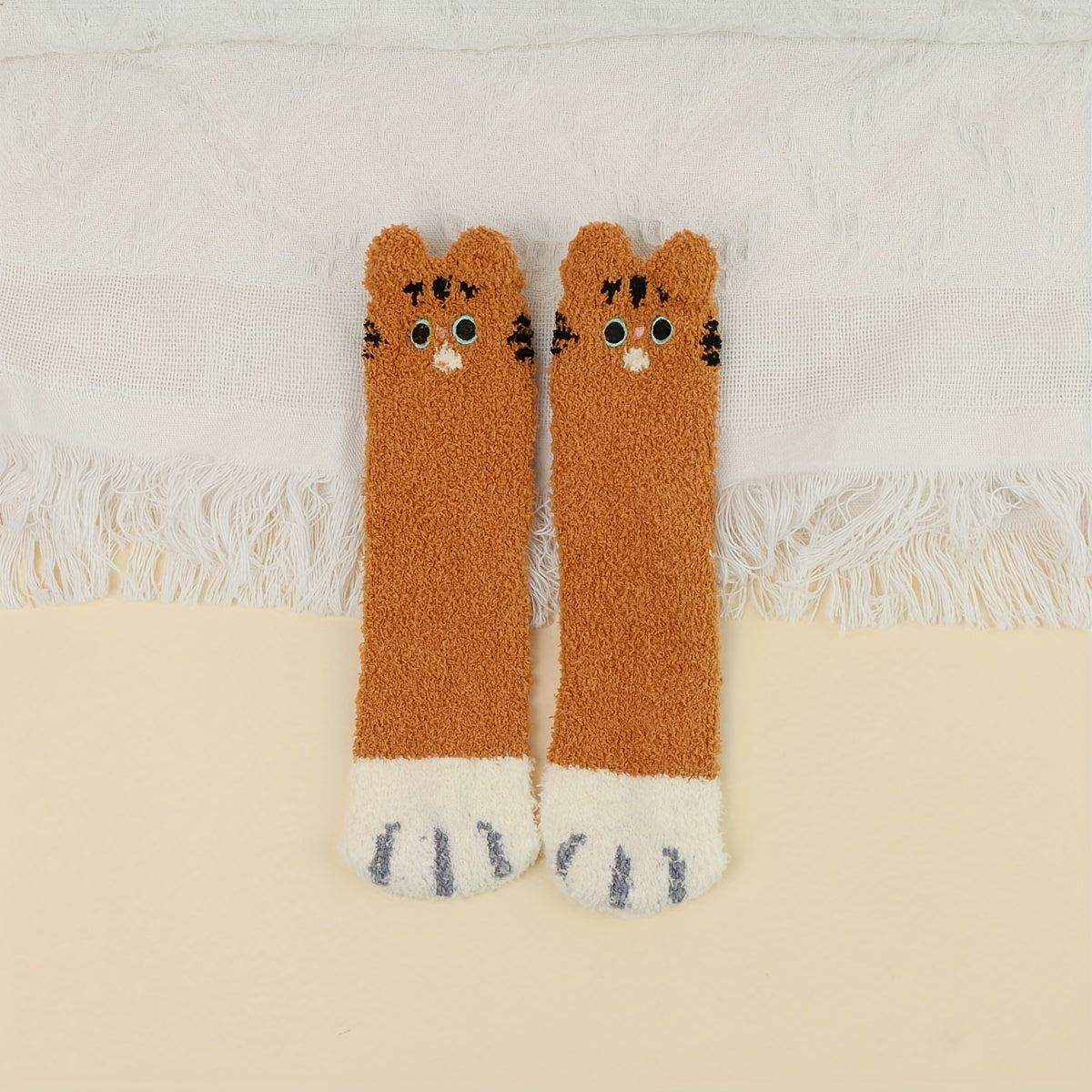 A Pair Of Girl's Cat Paw Pattern Embroidered Crew Socks, Comfy Breathable Casual Fleece Thermal Socks, Winter & Autumn