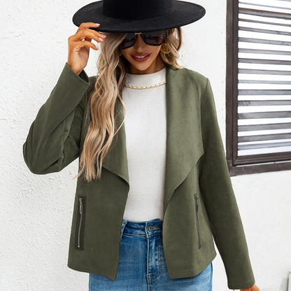 Solid Lapel Open Front Jacket, Versatile Long Sleeve Slant Zipper Pockets Jacket, Women's Clothing