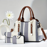 3PCS  New Design Stripe Pattern Canvas Tote Bag Set - Zipper Closure, Premium PU Leather Top Handle, Detachable Clutch, Card Holder, Polyester Lining, Perfect for Ladies Work, Teacher, and Occasional Use