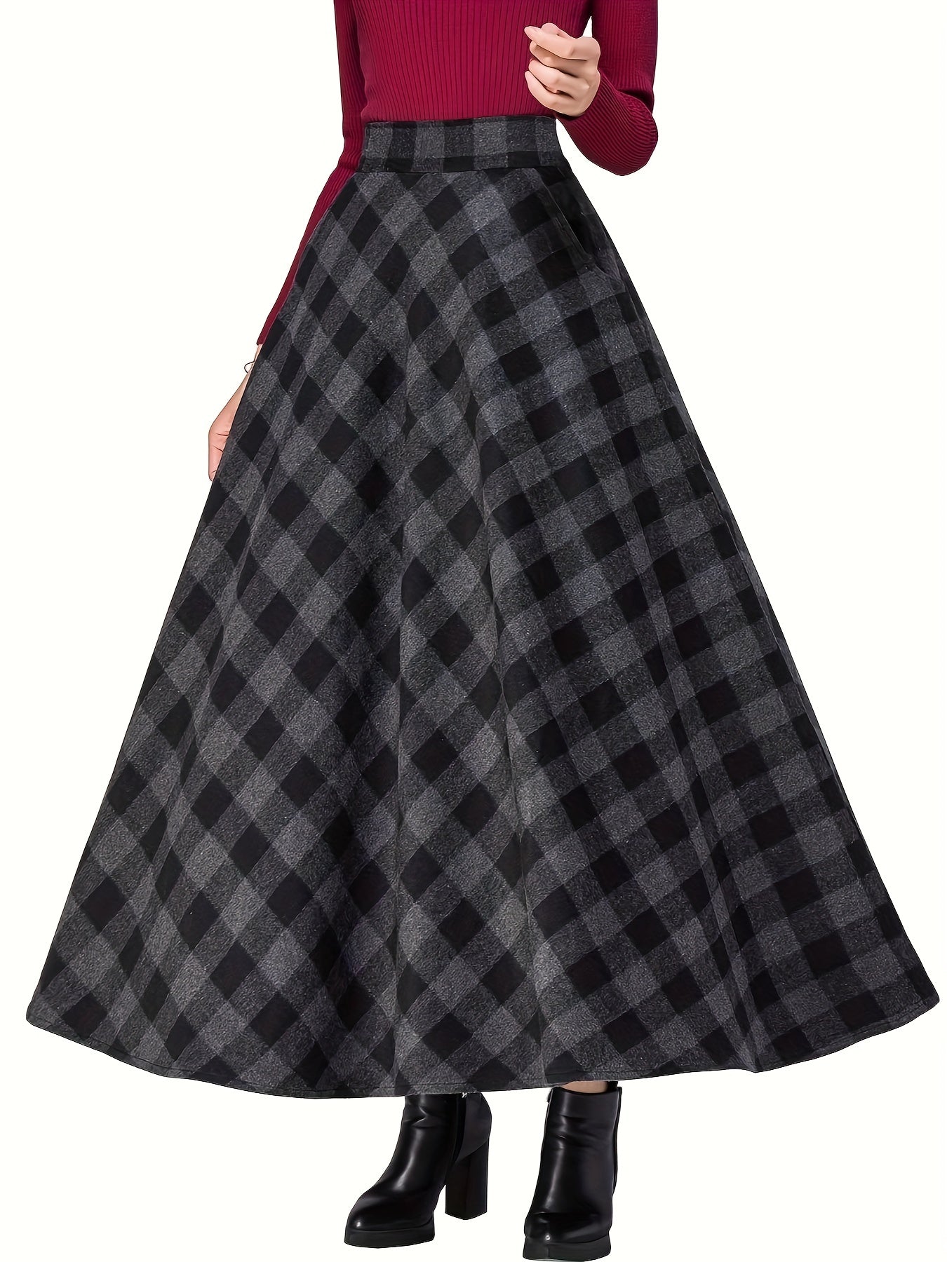 Plus Size Elegant Skirt, Women's Plus Plaid Print Elastic Waisted A-line Swing Skirt W