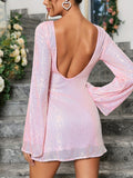 vlovelaw Sequin Decor Backless Mini Dress, Stylish Boat Neck Flare Sleeve A-line Dress, Women's Clothing