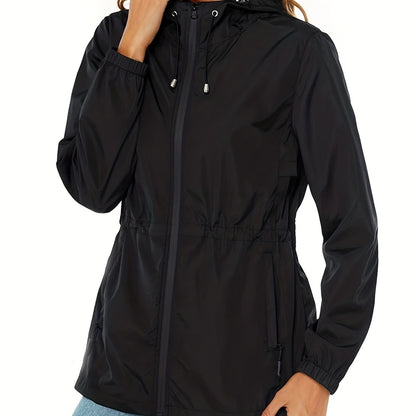 vlovelaw  Drawstring Hooded Jacket, Casual Zip Up Long Sleeve Solid Outerwear, Women's Clothing