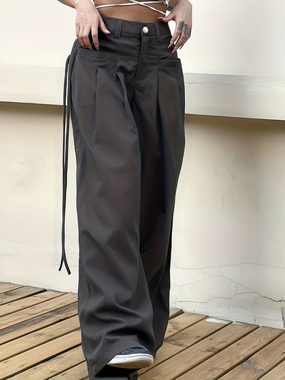 vlovelaw  Solid Side Tied Wide Leg Pants, Casual Pleated High Waist Pants, Women's Clothing