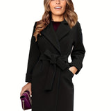 vlovelaw  Lapel Neck Belted Coat, Elegant Long Sleeve Coat For Fall & Winter, Women's Clothing